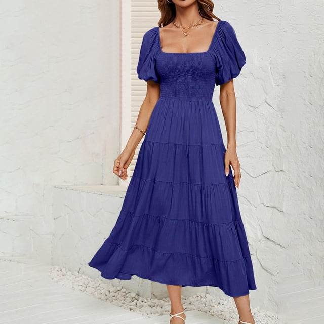 Miqool Robes pour Femmes 2025 Été Col Carré Manches Courtes Bouffantes Décontractée Smockée Fluide Ligne A à Étages Fendue Robe Midi