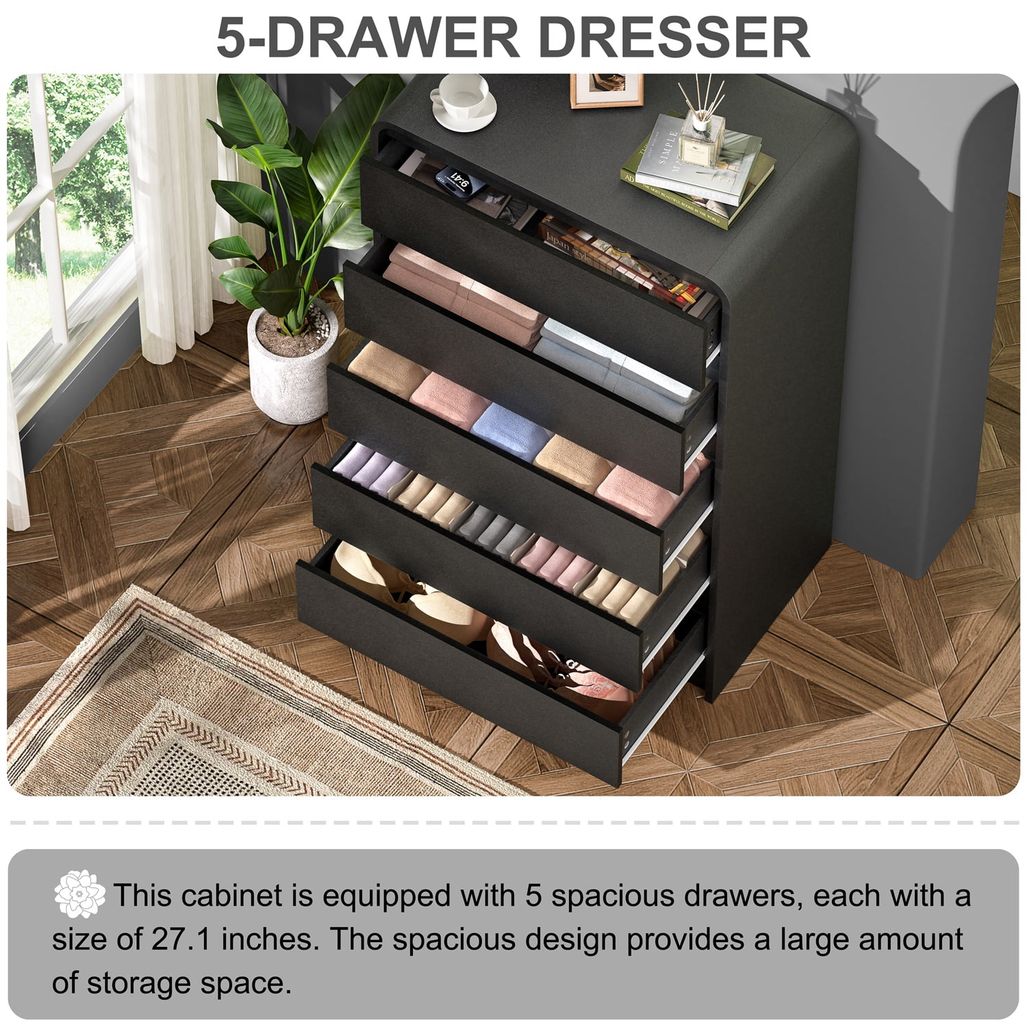 Hommoo Modern 5-Drawer Tall Dresser for Bedroom, Engineered Wood Chest of Drawers, Curved Mid-Century TV Stand & Storage Unit, 45" Space-Saving Design for Small Spaces, Black