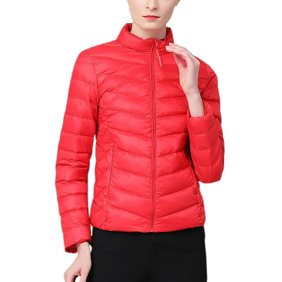 Olyvenn Women's Lightweight Quilted Puffer Jacket, Full Zip Casual Stand Collar Long Sleeve Winter Coat Outerwear with Pockets Red XL
