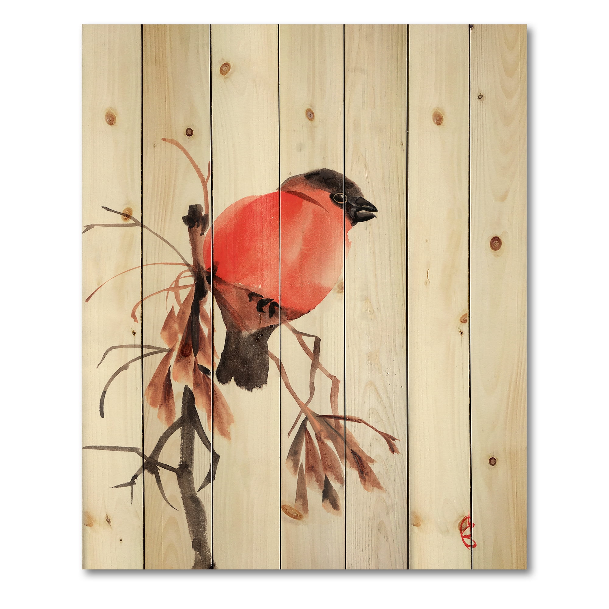 Designart 'Red Bullfinch Bird Sitting On A Branch' Traditional Print on Natural Pine Wood