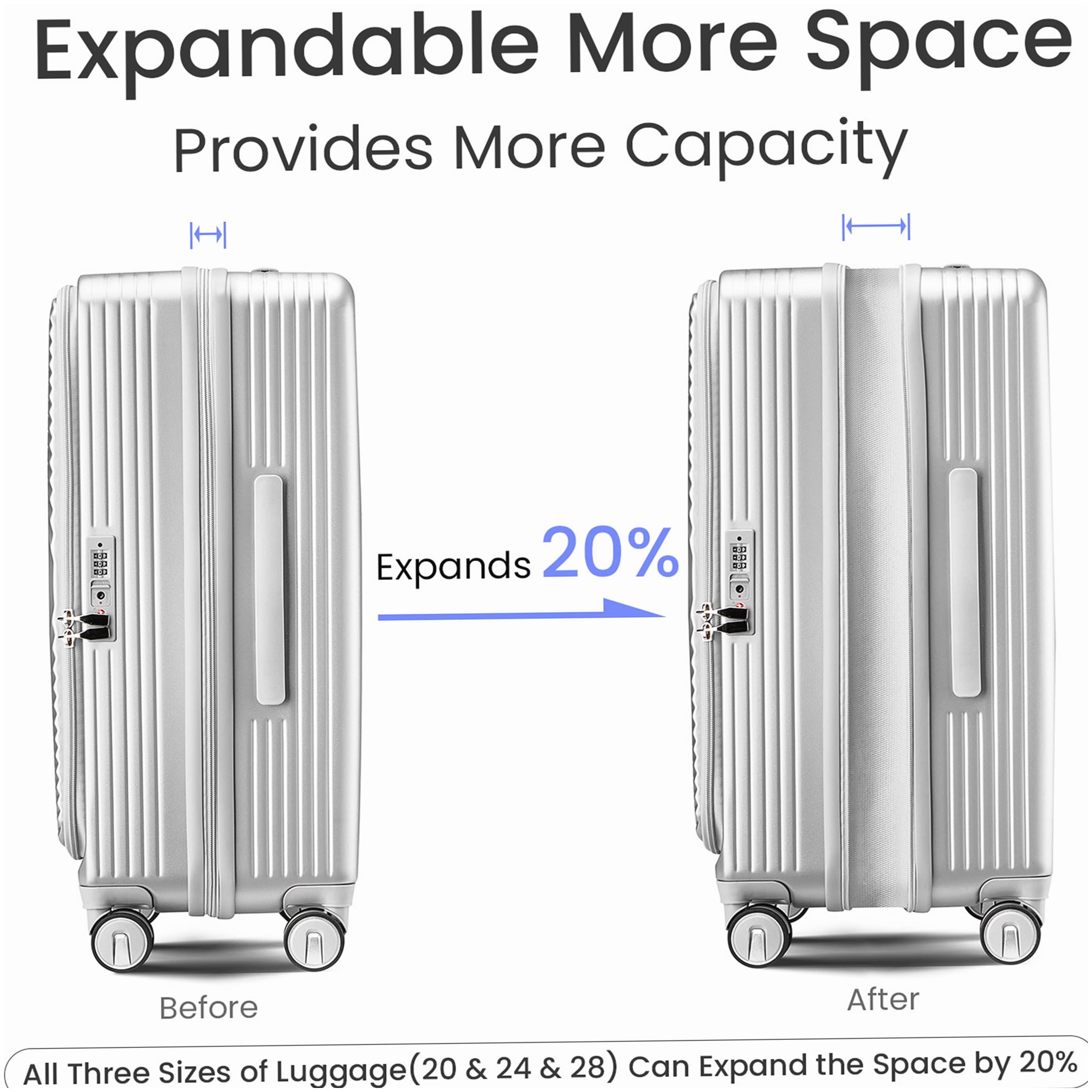 Expandable Lightweight Hardside Luggage 3-Piece Set with Spinner Wheels, TSA Lock & Laptop Sleeve, Silver