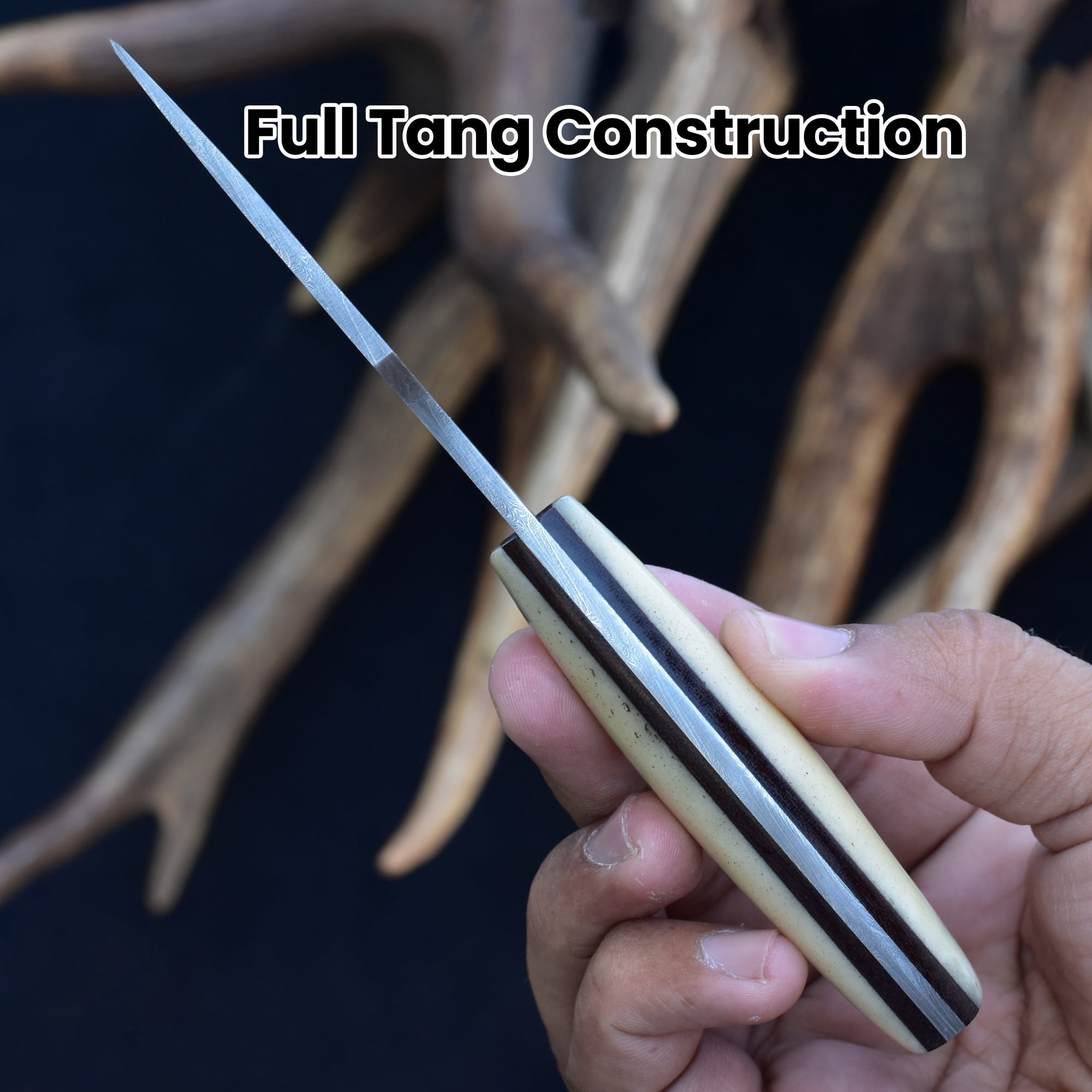 Knives Ranch Handmade EDC Fixed Blade Hunting Knife – Forged Damascus Steel – Natural Cattle Bone Handle – Horizontal Carry Sheath – Outdoor Cowboy Knife (3180-B)