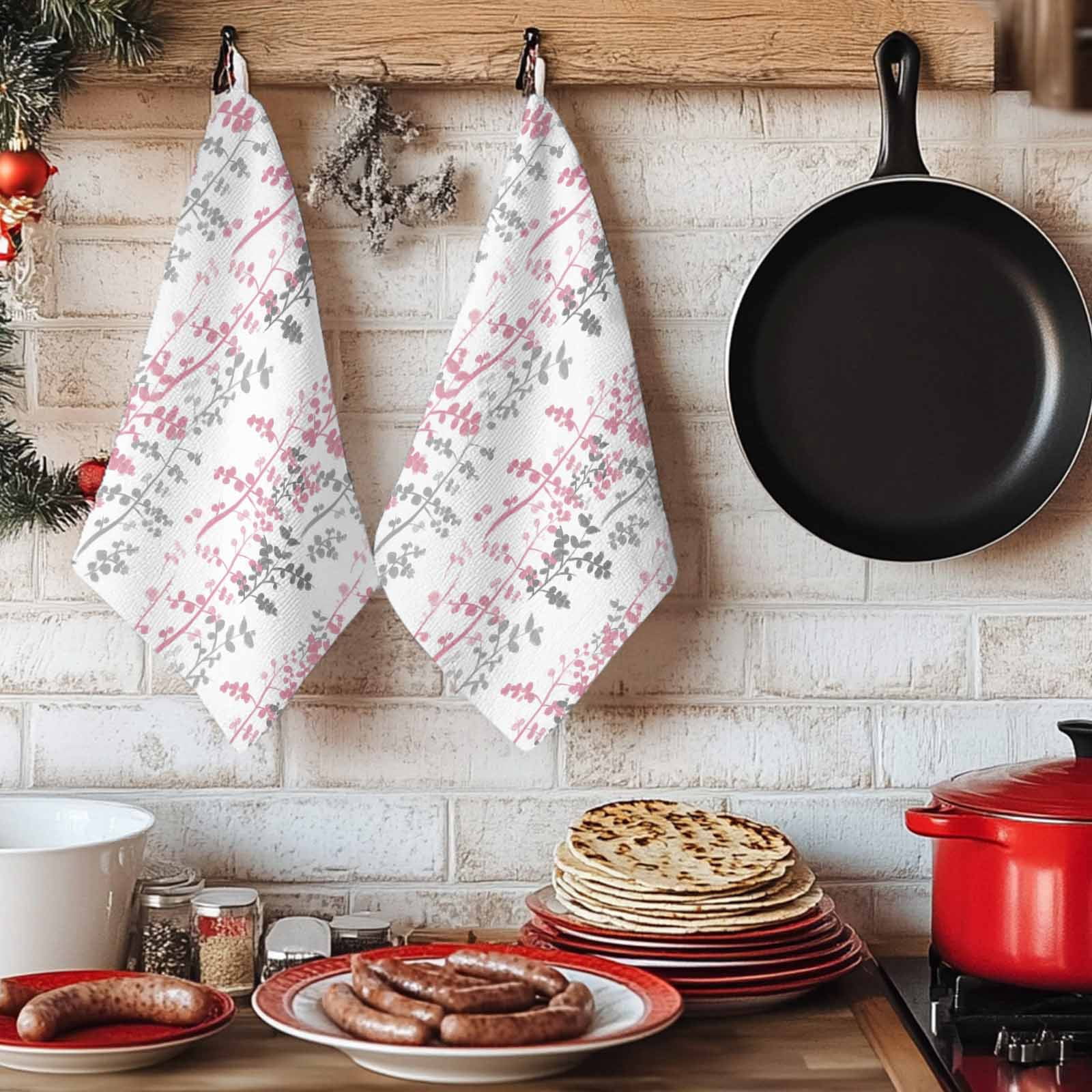 Dish Towels, Pink Leaf Absorbent Kitchen Towels 2 PCS, Grey Leaves Branches Microfiber Hand Towels Dish Cloths Tea Towels for Home&nbsp;Bathroom Cleaning Drying,18X28-Inch,