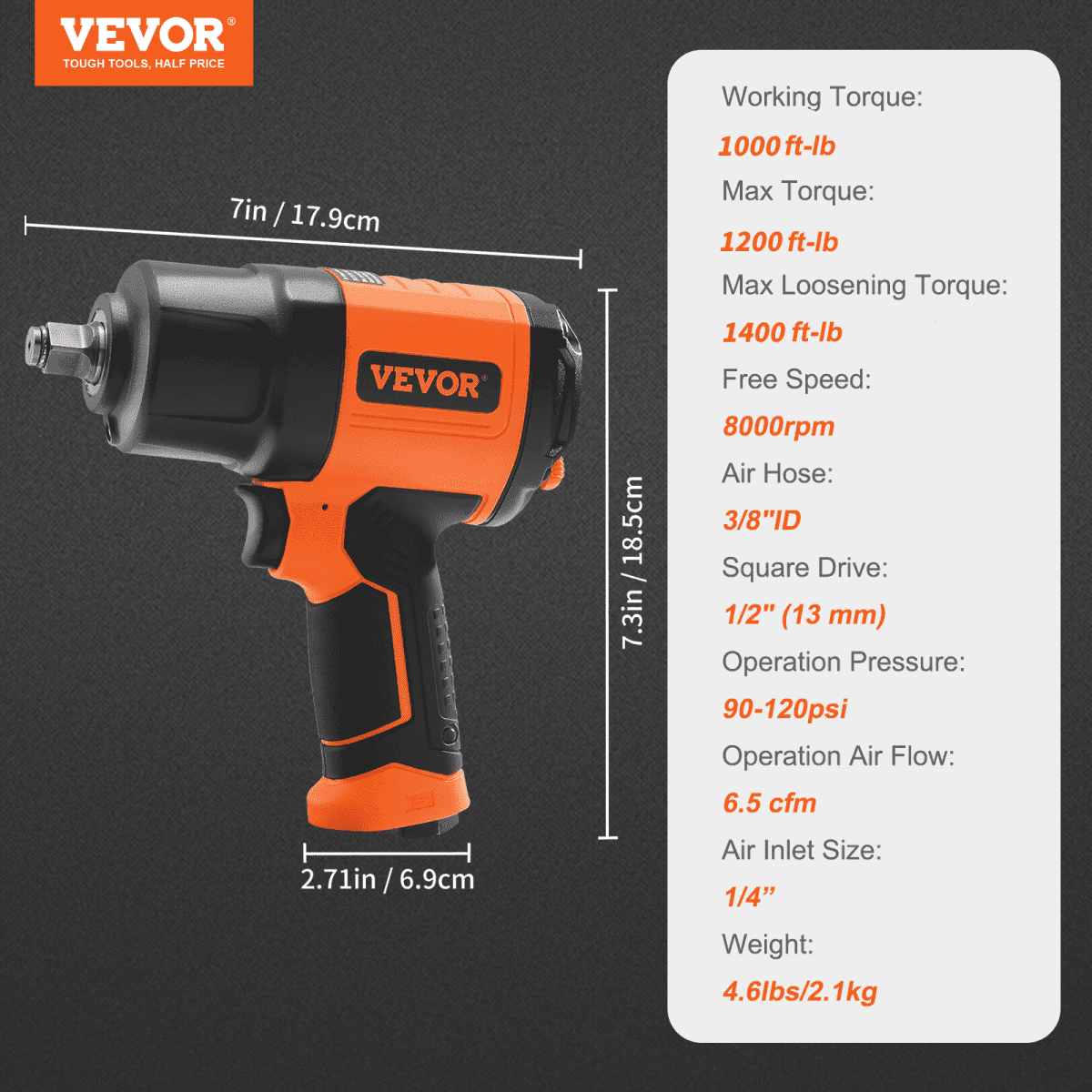 1/2" Square Drive Air Impact Wrench 1400 Ft-Lb Nut-Busting Torque 90-120 PSI Pneumatic Impact Gun for Auto Repair