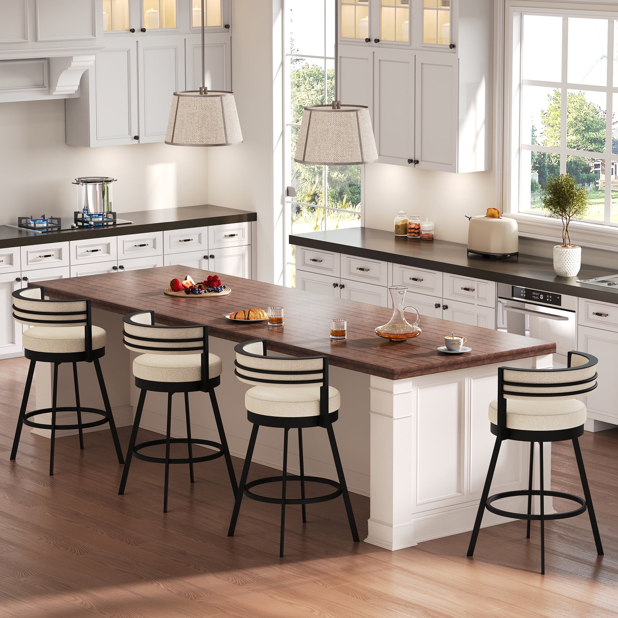 Zesthouse 26.6″ Swivel Bar Stools Set of 2, Linen Upholstered Counter Stools with Barrel Back and Metal Legs, Modern Counter Height Barstools for Kitchen Island, Beige