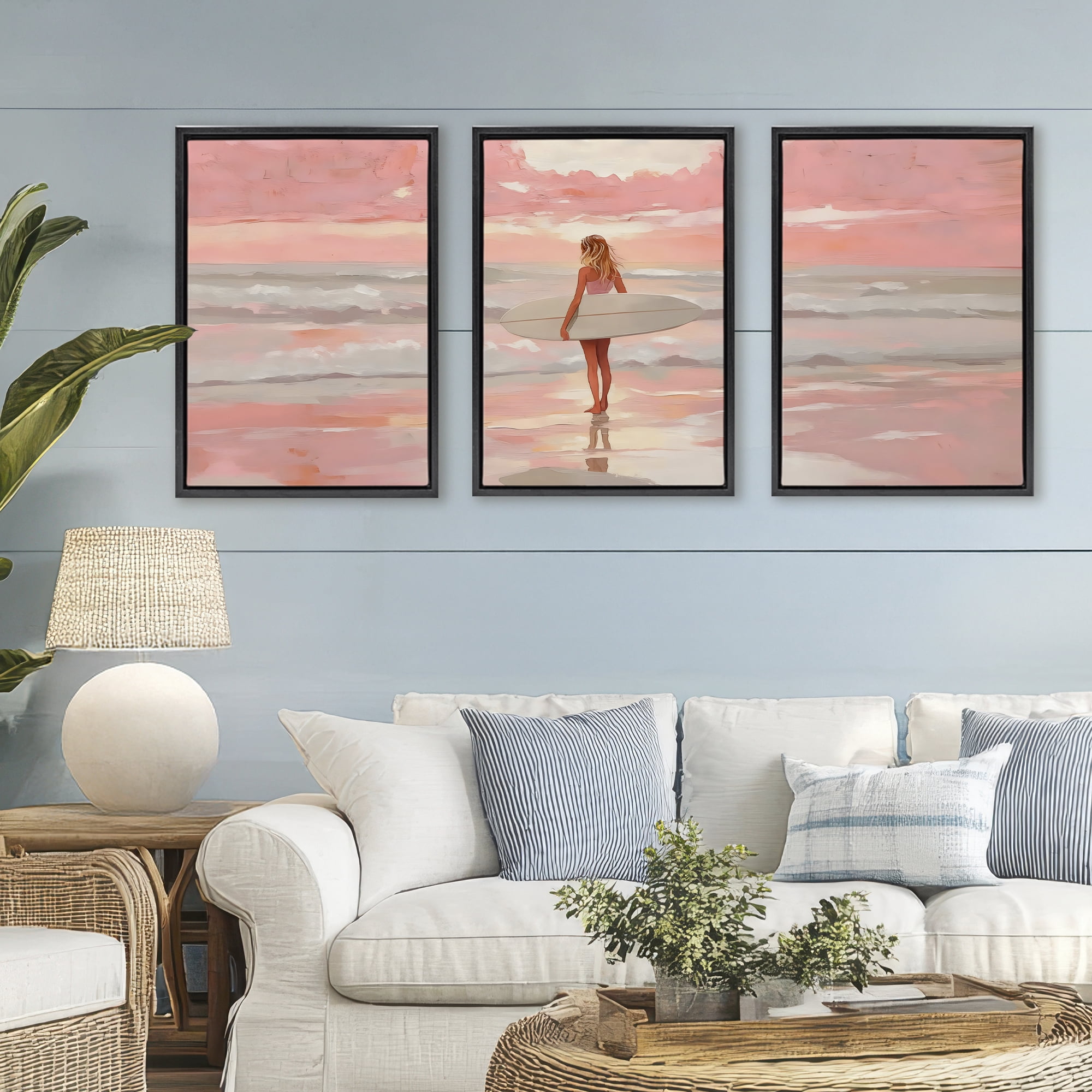 Stupell Industries Pink Sky Surfer Sunrise 3 Piece Black Framed Floater Canvas Set, design by LSR Design Studio