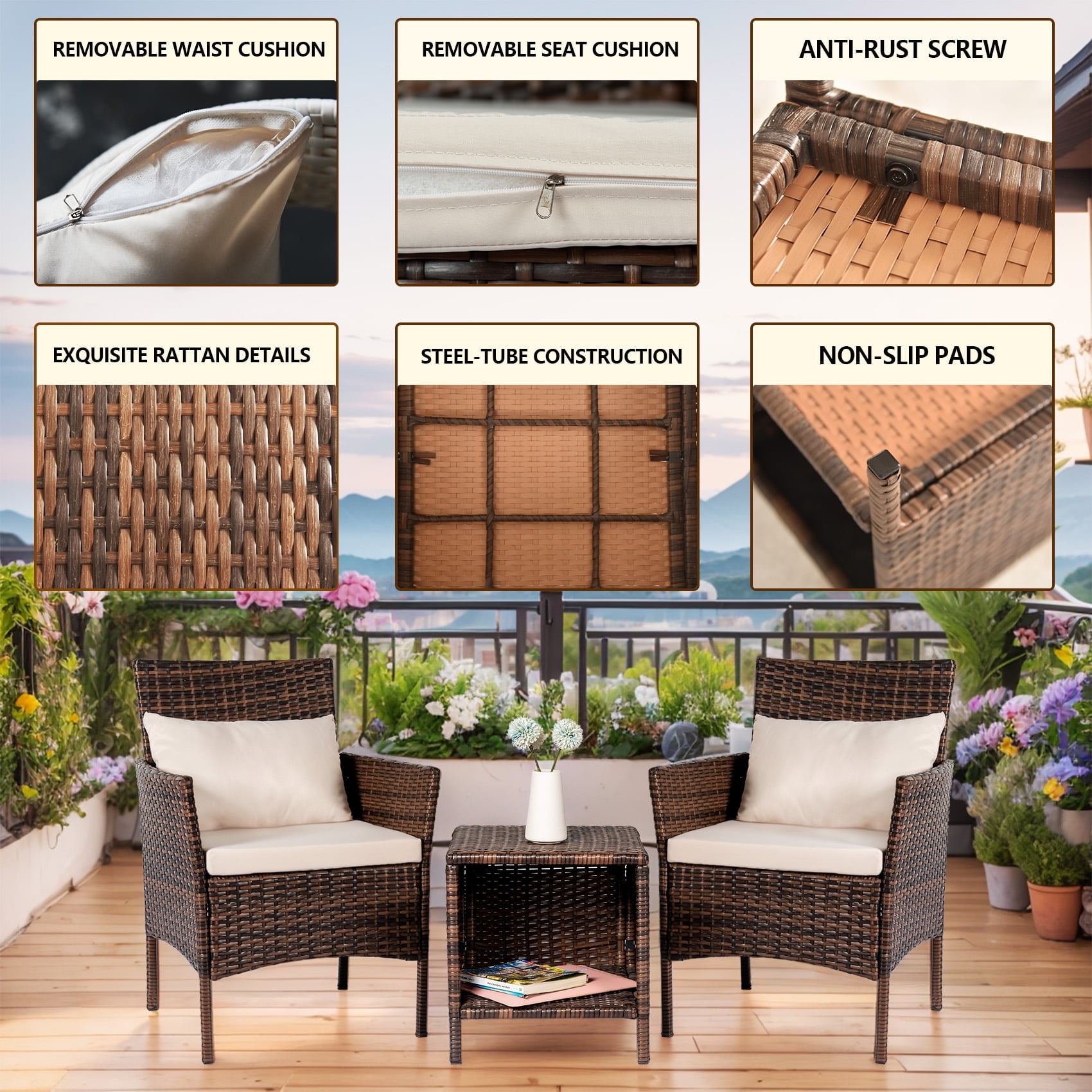 Tappio 3 Piece Patio Conversation Bistro Set Outdoor Chat Furniture, Porch Balcony Furniture Set,Wicker Chairs and Storable Table Set for Patio Balcony Backyard Apartment,Brown/Beige