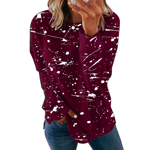 LUXUR T-shirt pour Femmes à Col Rond T-shirt Imprimé Graffiti Tee Hauts à Fente Latérale Tunique à Manches Longues Blouse Rouge Vin m