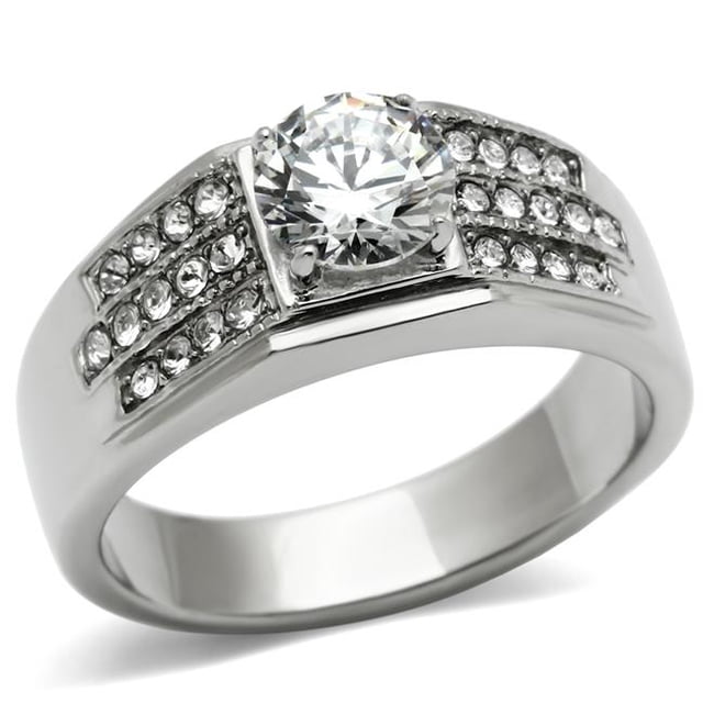 Men High Polished Stainless Steel Ring with AAA Grade CZ in Clear - Size 13