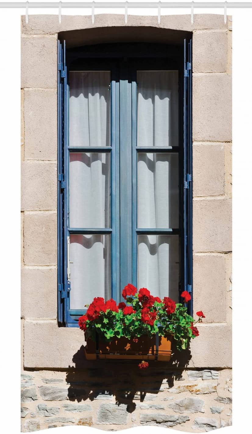 Country Stall Shower Curtain, Mediterranean Style Window Open Shutters Image French Urban Life Theme Print, Fabric Bathroom Decor Set with Hooks, 36" W x 72" L, Blue Grey