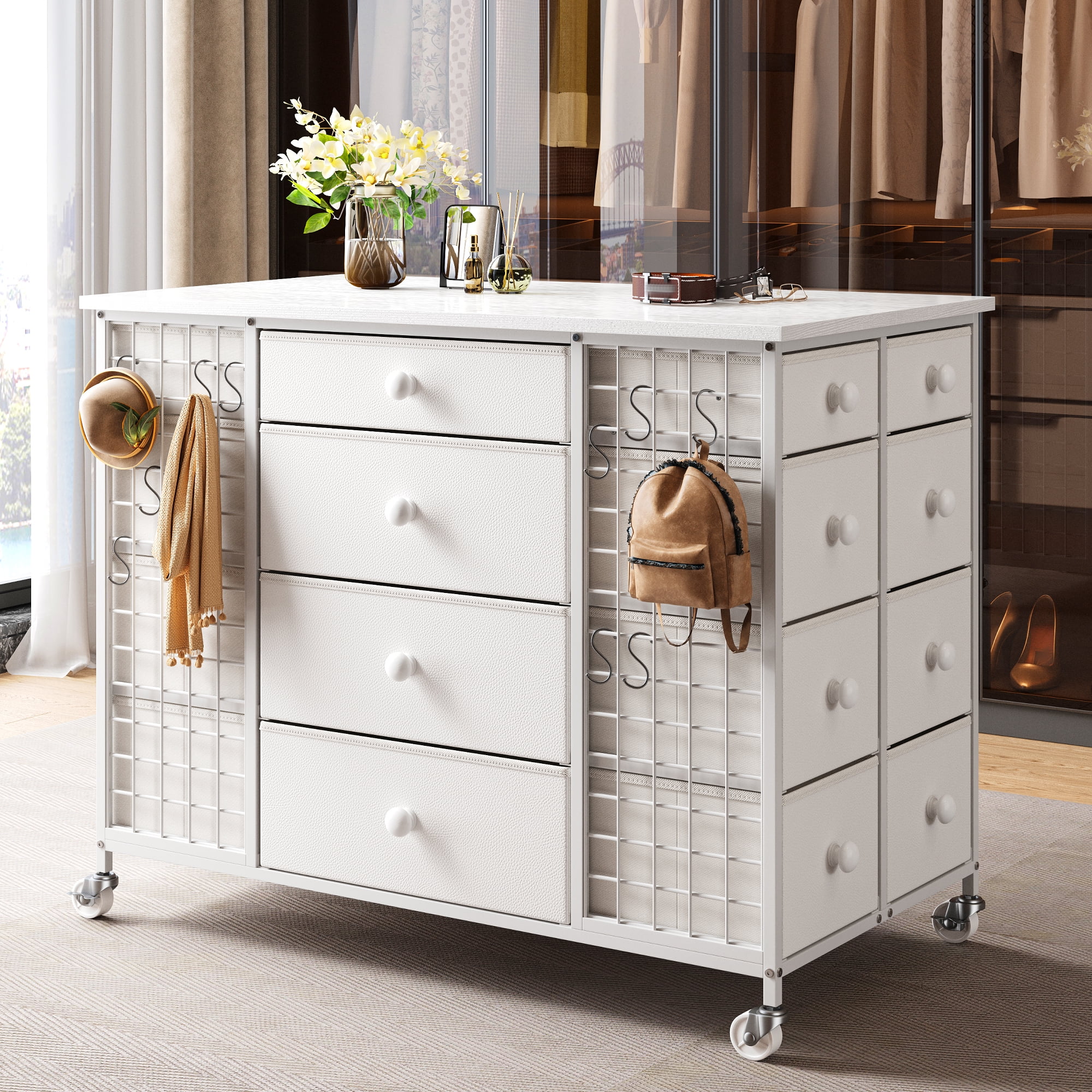 EnHomee 24 Drawers White Dressers for Bedroom Closet Dresser Fabric Drawers with Wheels