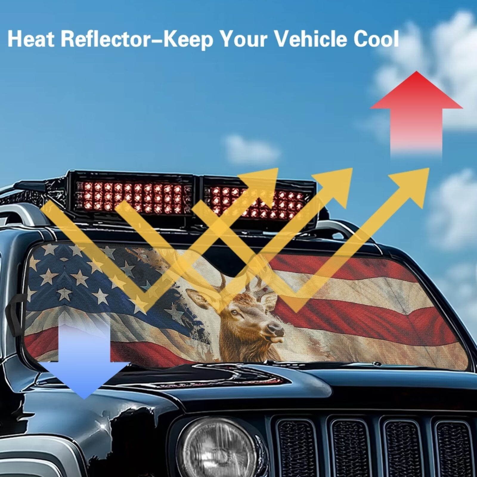 HUIAOCNG American Flag Deer Windshield Sunshades Sun Visor for UV Rays & Heat Protection, Suitable for Wrangler, Compass, Gladiator & Renegade , Accessories for Jeep Wrangler, X-Small - 60x21 inches