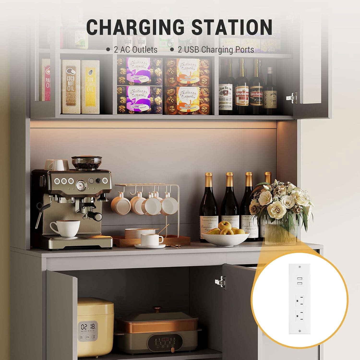 71" Pantry Cabinet with Charging Station,Tall Kitchen Pantry Storage Cabinet with Led Lights,Kitchen Hutch with Microwave Stand for Dining Room, Living Room