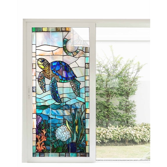 Window Privacy Film Summer Sea Turtle Stained Glass Window Film Decorative Sun Block Window Cover Stained Glass Ocean Jellyfish Coral Window Clings Static Adhesive Sticker for Bathroom 35.4"x78.7"
