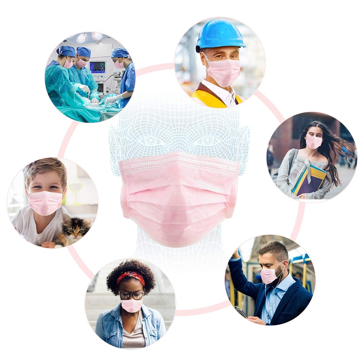 JJEAN-120 Pack Disposable Face Masks with Elastic Ear Loop, 3 Ply Breathable (Pink)