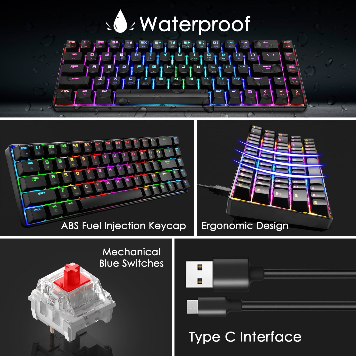 60% Mechanical Gaming Keyboard Red Switch Mini 68 Keys Wired Type C 18 Backlit Effects,Lightweight RGB 6400DPI Honeycomb Optical Mouse,Gaming Mouse Pad for Gamers and Typists (Black)