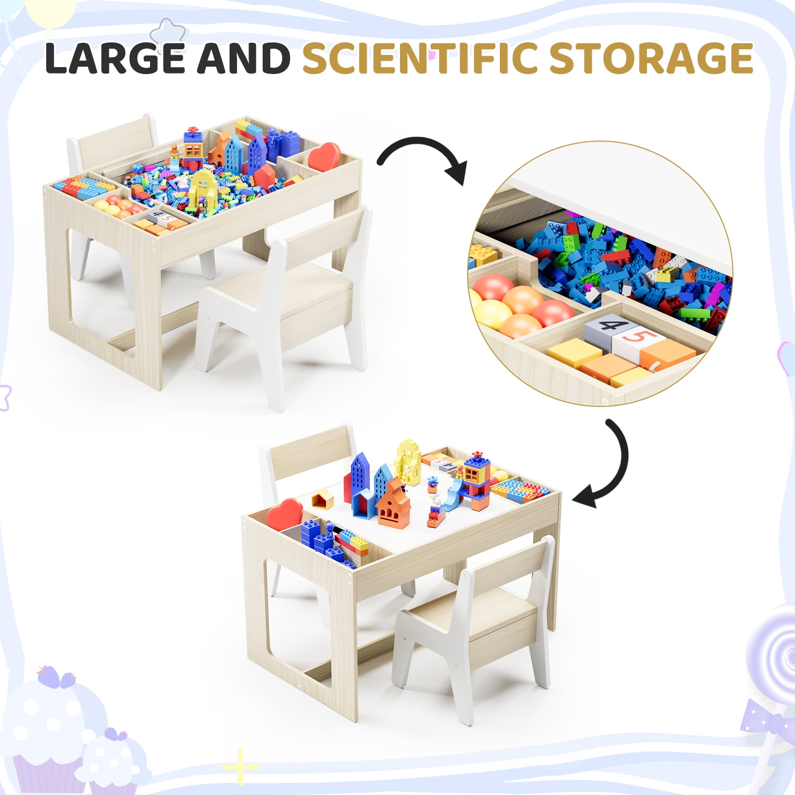 Pirecart 3 Piece Kids Table and 2 Chairs Wooden Activity Table with Blackboard for Arts & Crafts, Yellow