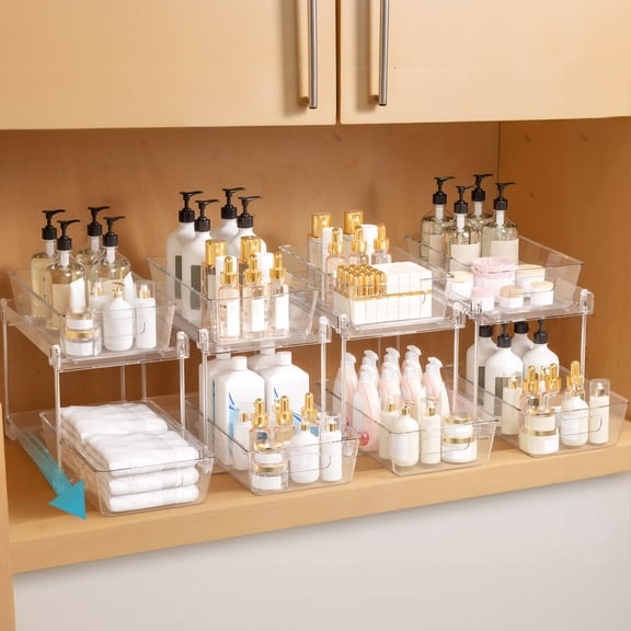 4 Pack Clear Under Sink Organizers Vanity Countertop Storage Container, 2 Tier Pull Out Bathroom Organizers and Storage, Cabinet Drawers Bins, Sliding Cabinet Organizer Kitchen, Bathroom, Pantry