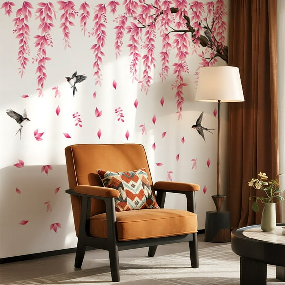Large Cherry Blossom Tree Wall Stickers,3 Sheets Spring Pink Flower Bird Wall Decals Peel and Stick Wall Murals Decor for Living Room Bedroom