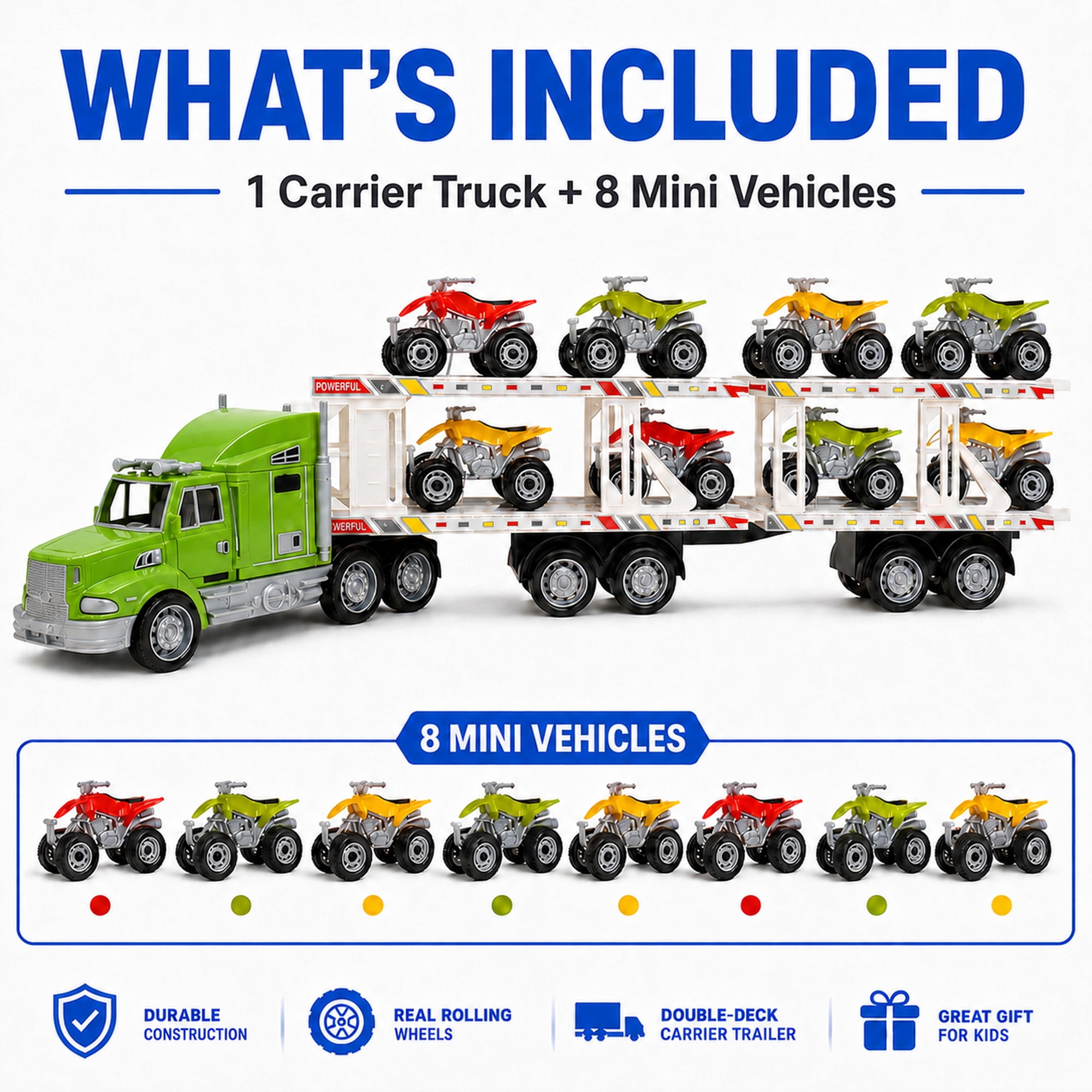9-Piece Mini Vehicle Carrier Truck Playset, Double-Deck Toy Transport Truck with 8 Mini Vehicles, Friction Powered Semi Truck Toy, No Batteries Required, Gift for Kids Ages 3+