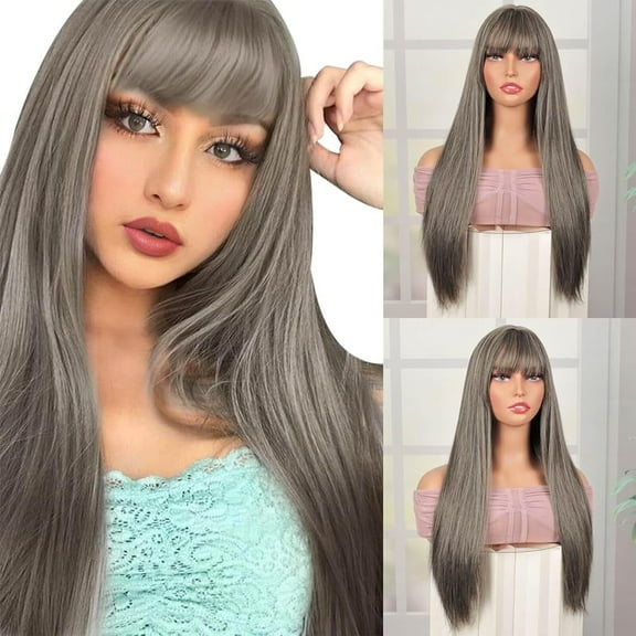 Queentas 25 inch Ombre Grey Black Long Straight Wig with Bangs Synthetic Heat Resistant Wigs for Women