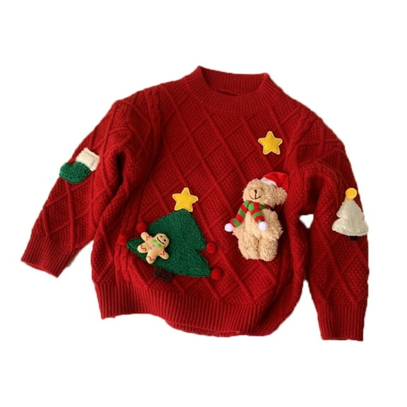 BENJAMJAM  1-8Y Red Knit Sweater with 3D Bear, Tree & Gingerbread Man Appliqués - Festive Pullover