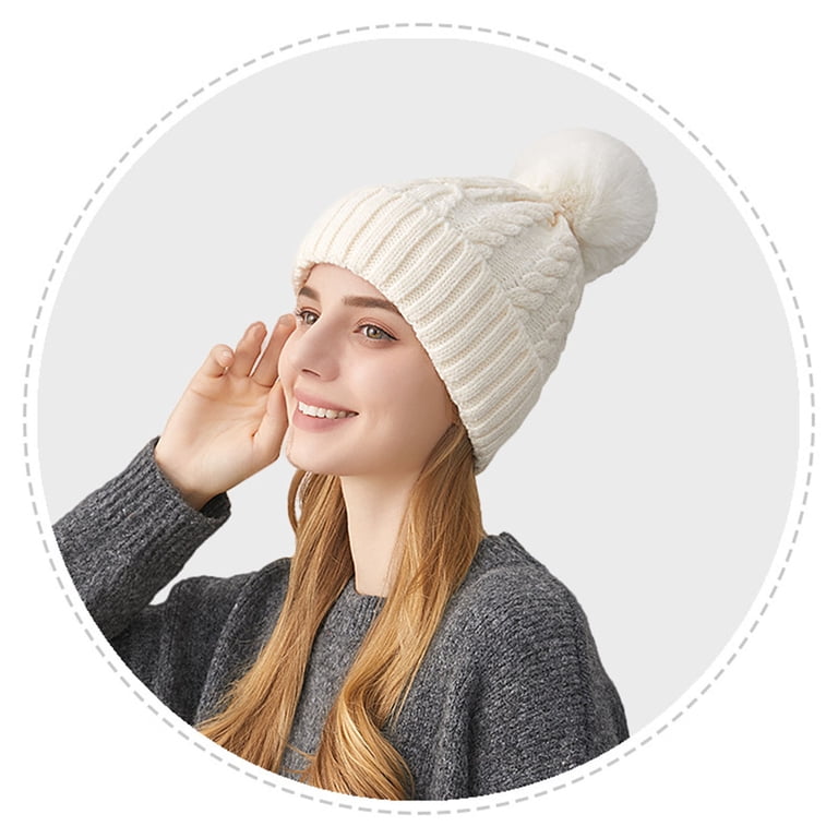 ?Womens Winter Ribbed Beanie white Cap Chunky Cable Knit Pompom Soft Warm Chunky Hat, Cable Knit Pompom Beanie, Womens Hat, Winter Hat  main image 4