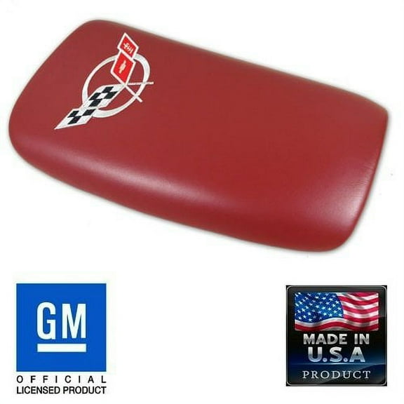 C5 Corvette Center Console Pad Lid Red Leather with Silver Cross Flag Embroidered Emblem Fits: All 97 through 04 Corvettes