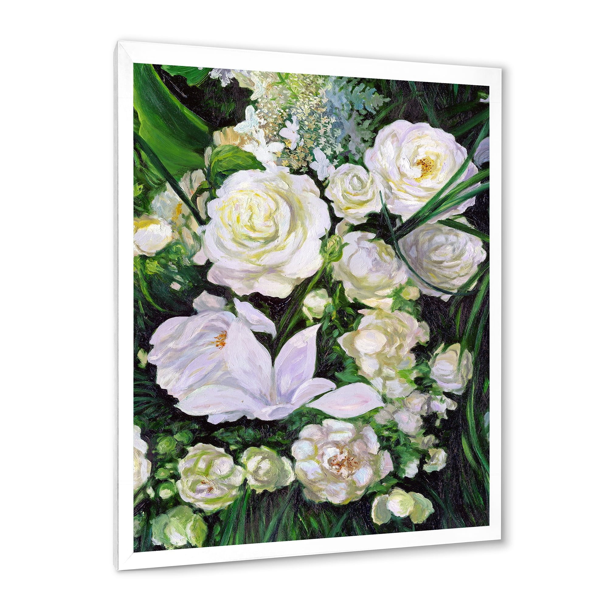 Designart 'Bouquet Of White Roses With Green Leaves' Traditional Framed Art Print