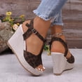 thumbnail image 5 of Rokment Womens Platform Wedge Dressy Sandals Stylish Casual Leopard Suede Peep Toe Ankle Strap Linen Chunky High Heels Gladiator Summer Dress Shoes Brown Size 9, 5 of 8