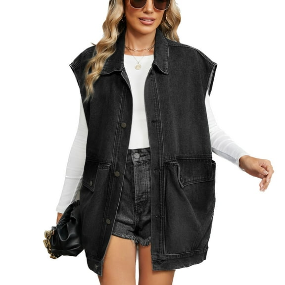 SWSMCLT Women's Sleeveless Jean Vest Jacket Baggy Denim Vest Fall Top Loose Fit Fashion Button Down Oversized Pockets Collared Black Large