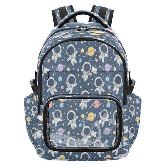 Qxltty Astronaut Space Print Backpack School Bookbag with Clear PVC Front Pocket, Laptop Compartment, Water Resistant Travel Daypack for Students
