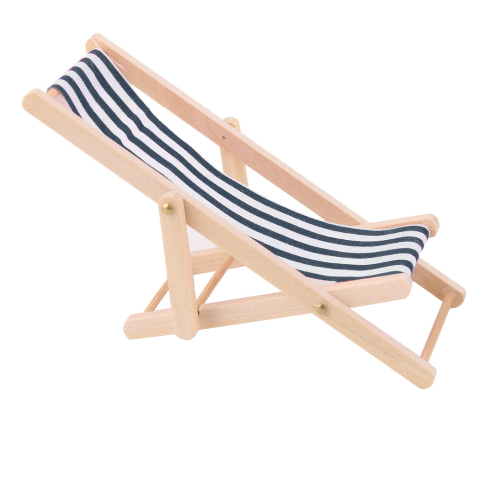 Dollhouse Blue & White Wood and Fabric Folding Beach Lounge Chair 1:12 Miniature