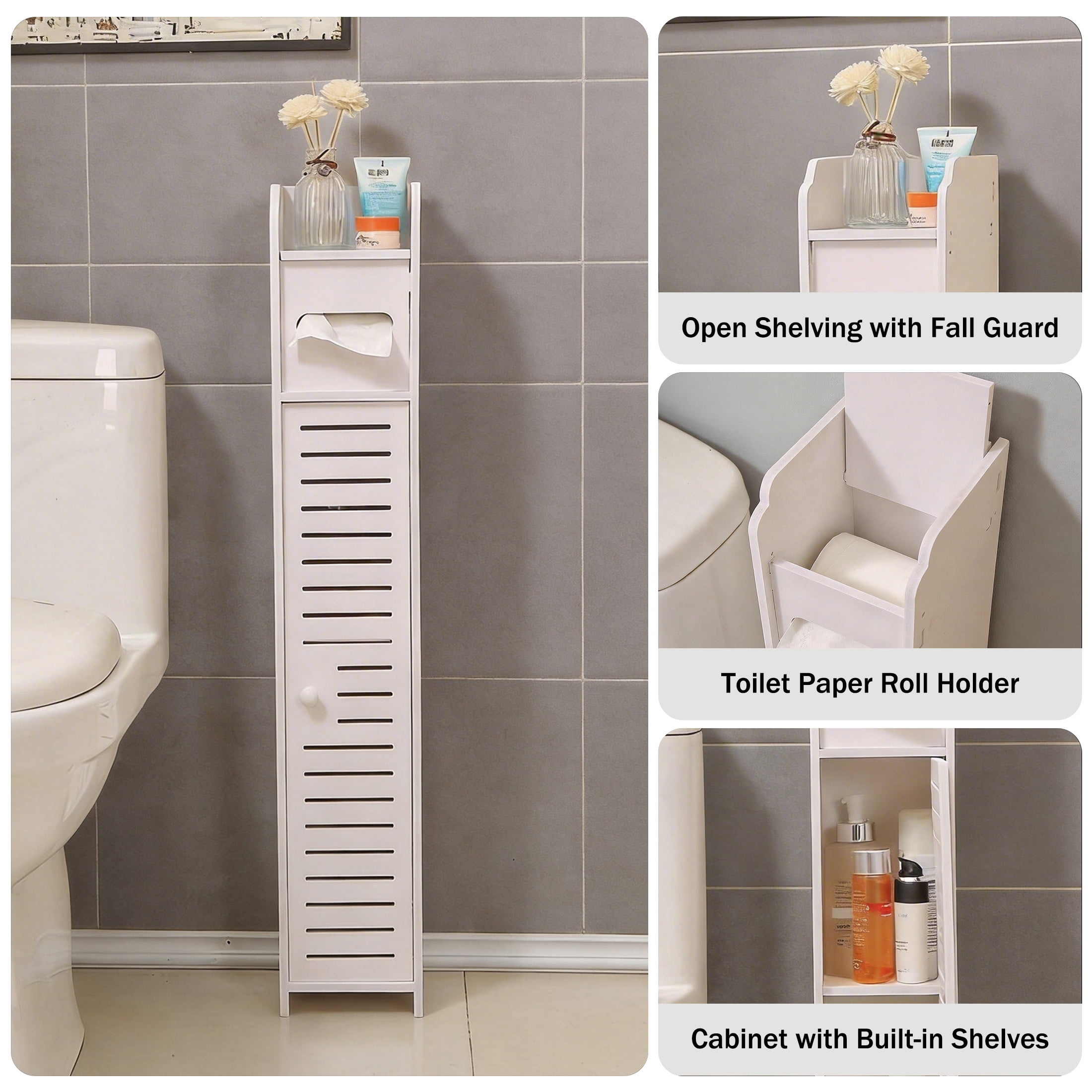 Small Bathroom Storage Cabinet, Freestanding Toilet Paper Storage with Door and Shelves, Corner Floor Cabinet, Bathroom Organizers and Storage for Small Spaces, White
