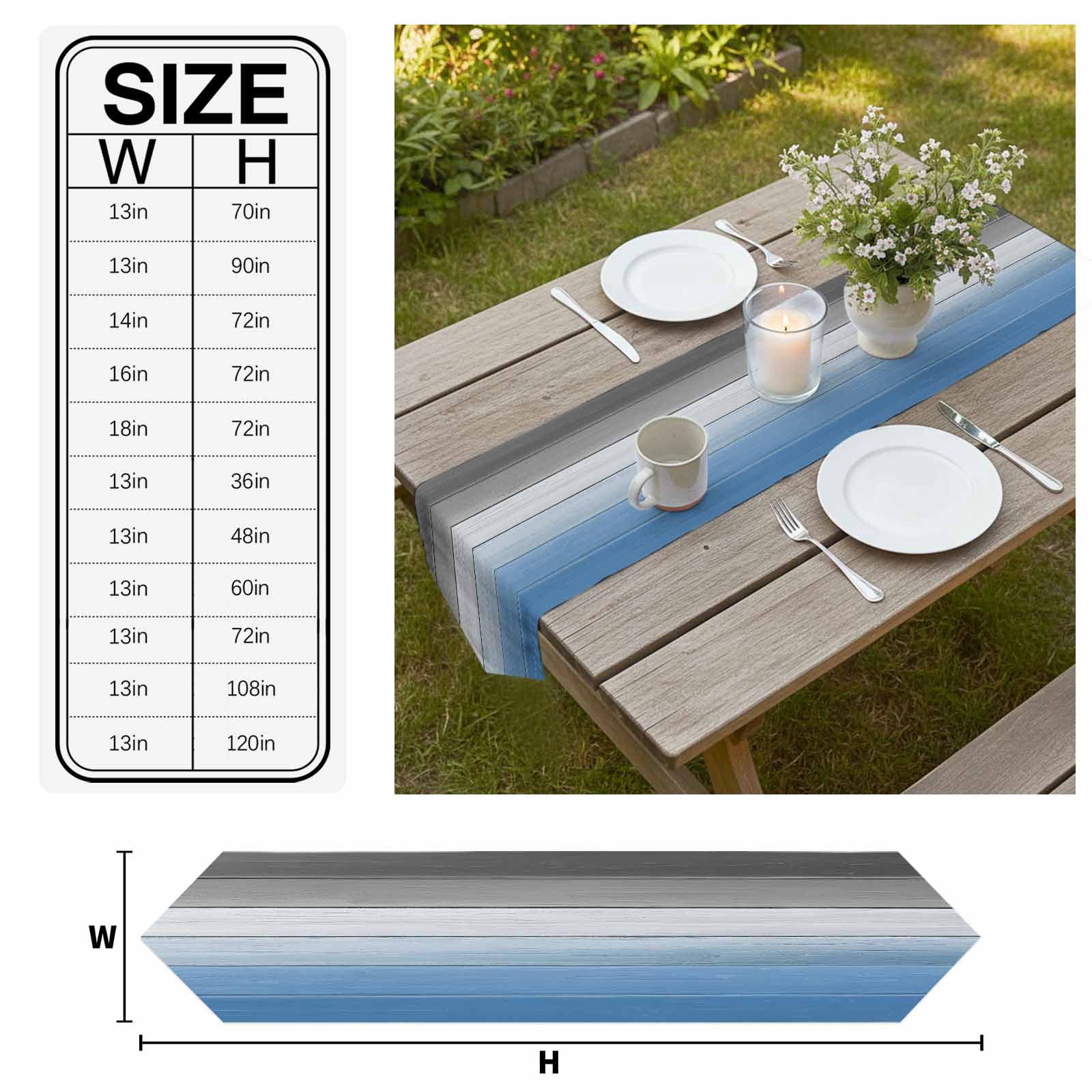 Blue Gray Ombre Table Runner Linen Burlap Table Runner 36 Inches Small Vintage Country Wooden Dresser Scarves for Kitchen Island Coffee Dining Room Party Wedding Banquet Holiday Decoration 13"x36"