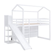 Pinovk Twin Size Wood House Loft bed with Slide, Storage shelves and Light, White