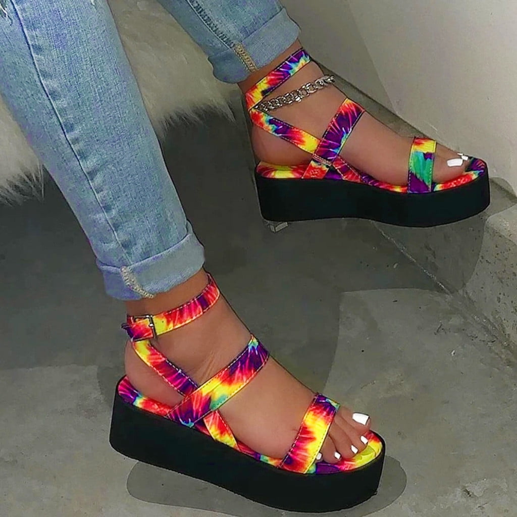 Sandals for Women Dressy,Womens Bohemia Rainbow Platform Sandals Flat Gladiator Sandals Dress Shoes