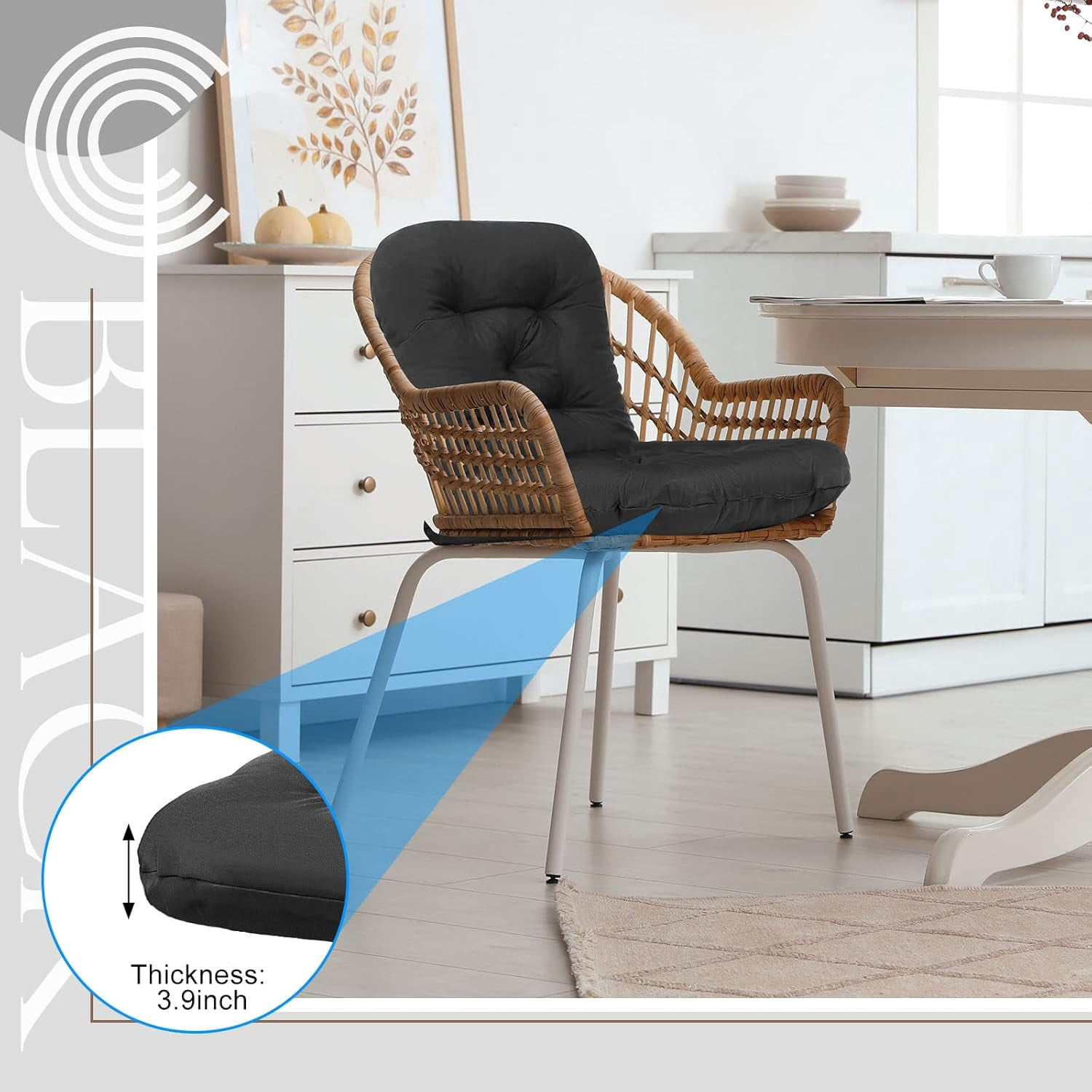 Tufted Back Chair Cushion Indoor Outdoor Weather Resistant Swivel Rocker Patio Chair Cushions for Outdoor Furniture(Black,4 Pack)