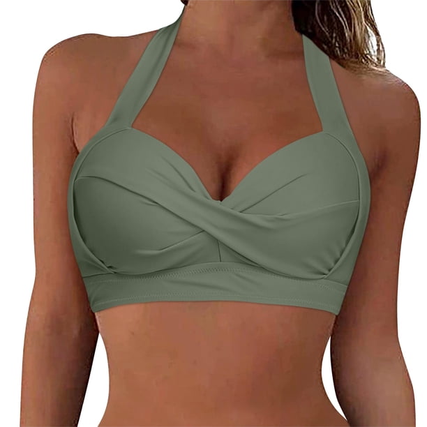 Prolriy Bikini Top con cordones para mujer, traje de baño con aros, cobertura completa, push up, top corto con lazo en la espalda, sujetadores de baño para mujer, verde militar, L
