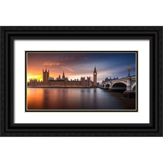 Merakiphotographer 24x15 Black Ornate Wood Framed with Double Matting Museum Art Print Titled - London Palace of Westminster Sunset