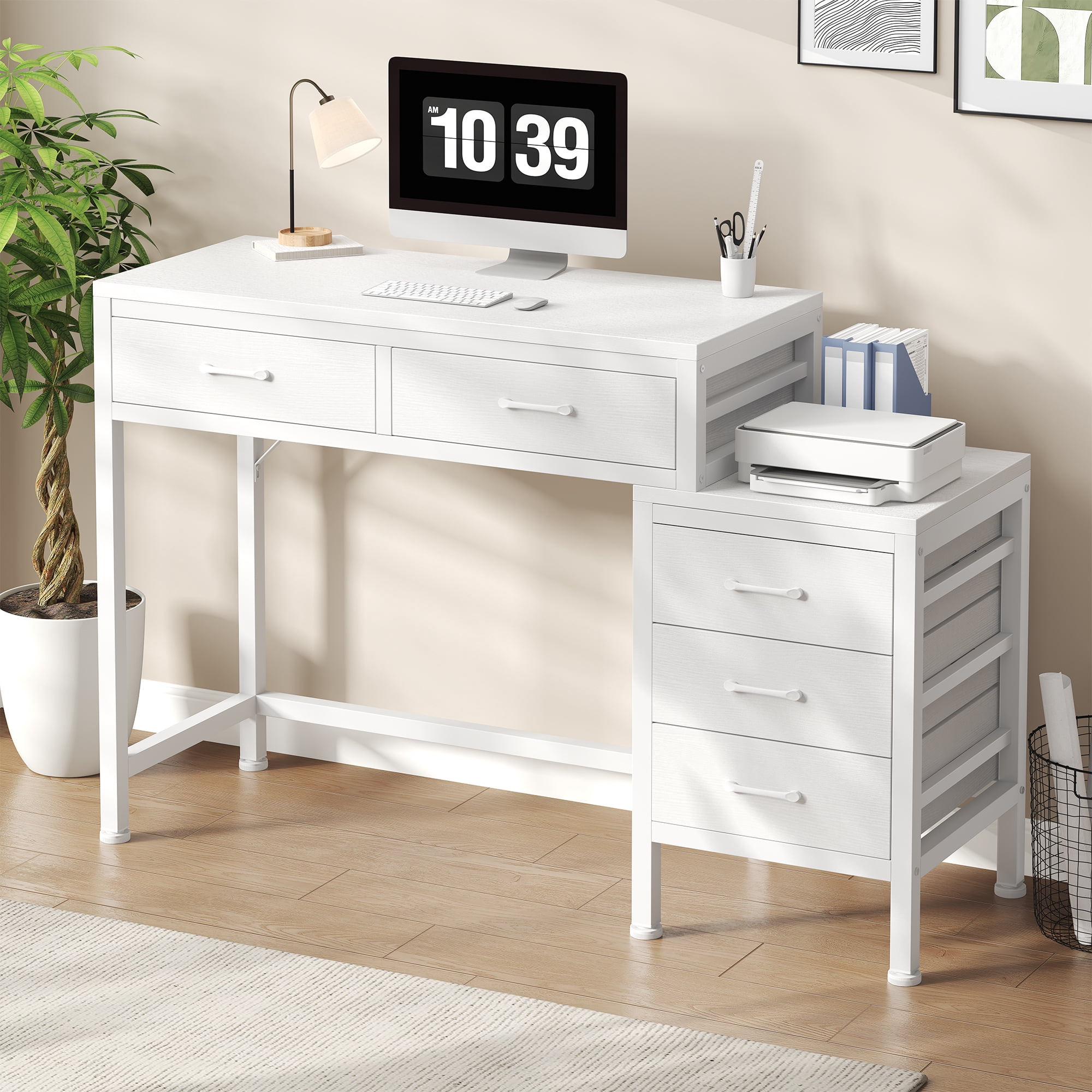 IULULU 51inch Computer Desk with 5 Drawers, Woodtop Desk of Small Spaces, Modern Style for Home Office, White