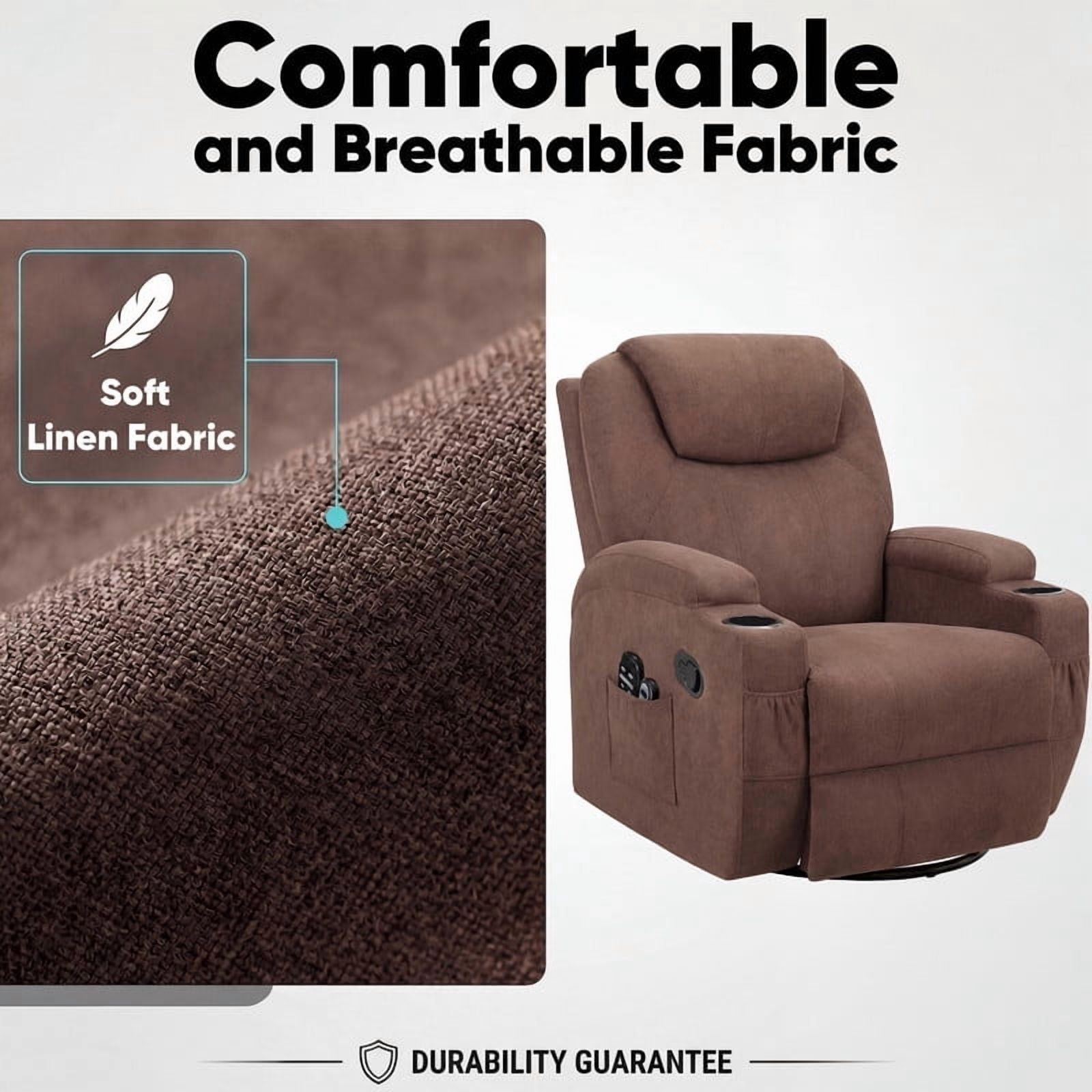 Lacoo PU Leather Swivel Rocker Recliner with Massage for Living Room Small Spaces Lounge Recliner Chair with Side Pockets for Adults,Linen Brown