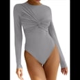 thumbnail image 3 of Body para Mujer, Escote en V Profundo, Nudo Torcido, Ajustado, Larga, Camisetas Básicas Informales Gris S, 3 of 7