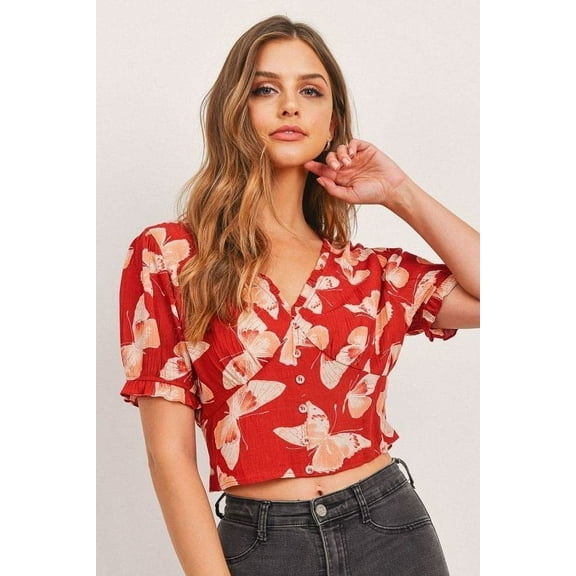 CCWHOLESALESCLOTHINGS by Crop Smocked Back Waist Vneck Blouse, Regular Size S