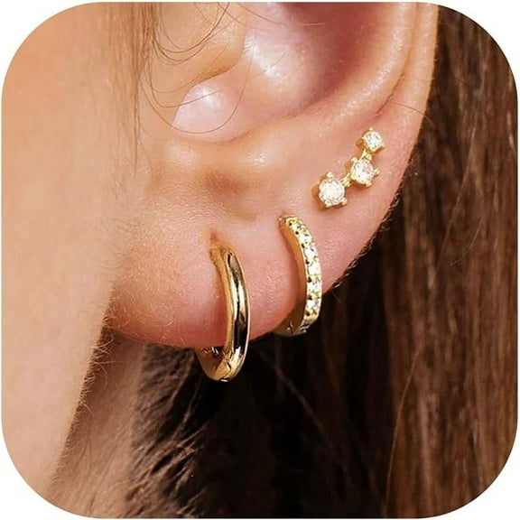 Bavsenic Small Gold Hoop Earrings for Women, 14k Gold Plated Dainty Hypoallergenic Multiple Stud Earrings Set, Trendy Cartilage Earring Gold Jewelry Gift