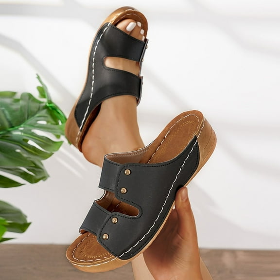 Viluyesy Women's Wedge Sandals, Open Toe Arch Support Wide Width Casual Comfortable Slip-On Shoes Black