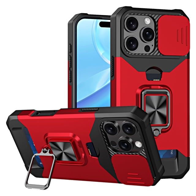 Case For iPhone 16 15 14 13 12 11 Pro Max XS XR 8 7 Plus Slide Camera Card Holder Slot Wallet Protective With Ring Stand Cover Red iPhone 11 Pro Max