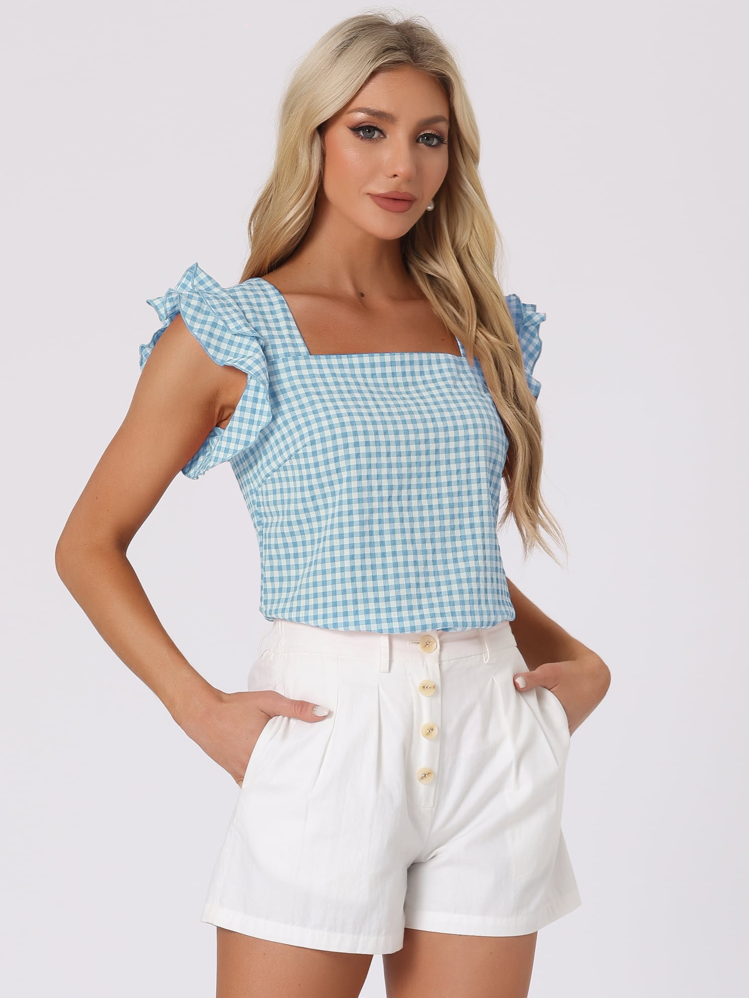 DARING DIVA Square Neck Ruffle Sleeve Blouse M Lake Blue