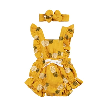 

luethbiezx Summer 0-24M Newborn Baby Girls Ruffles Romper Backless Flower Sunsuit Jumpsuits With Headband 2pcs Clothing