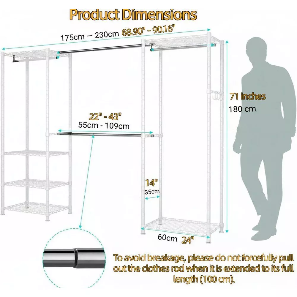 Sailvan 3-Tier Heavy Duty Garment Rack with Wheels, Adjustable Wire Clothes Rack with Double Hanging Rods & Side Hooks, Portable Closet,White